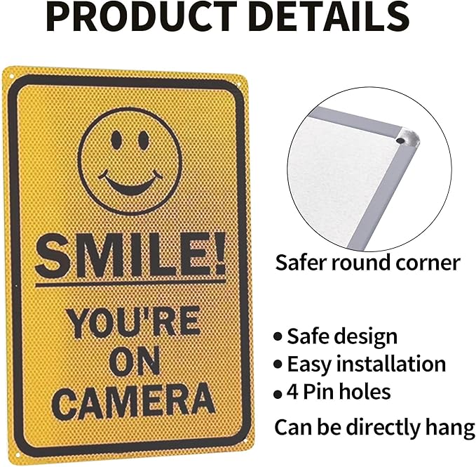 Vintage Metal Tin Sign Smile! You're On Camera With Graphic,Black On Yellow Road Business Sign 12x8 Inches Traffic Tin Painting
