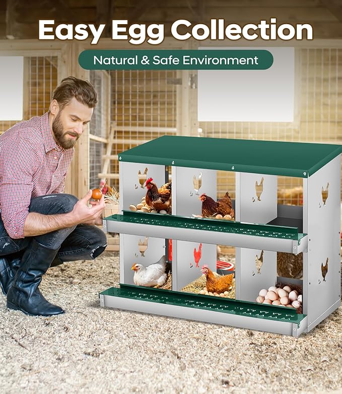 Chicken Nesting Box for Laying Eggs, 6 Compartment Metal Nesting Box,Wall Mount Chicken Nesting Boxes,Easy Egg Collection,Laying Boxes for Chickens Coop to Protect Eggs (Green, 6 Compartment)