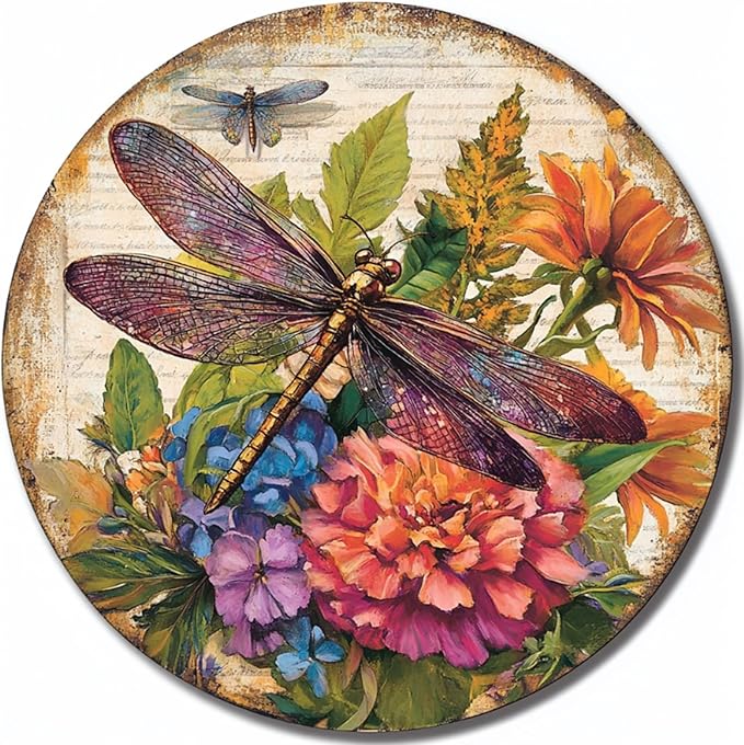 Round Metal Sign Dragonfly Farm Fresh Flowers Tin Sign for Home Farm House Rustic Garden Yard Vintage Outdoor Outside Porch Wreath Wall Funny Decor 8 Inch