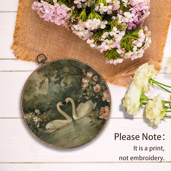 Yorhifa Vintage Swan Framed Wall Art, Cottagecore Elegant Animal Round Wall Art, Romantic White Swan Round Walls Decor, Rustic Floral Lake Landscape Circle Canvas Artwork Hanging Decor, 10x10in