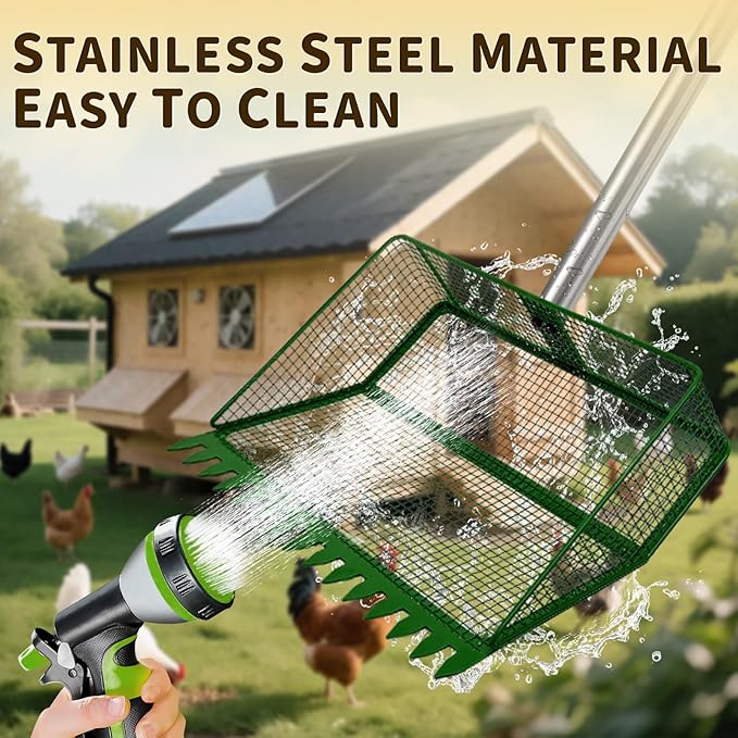 2-in-1 Chicken Coop Scooper: Extra Large 12” Poop Scooper & Rake with Adjustable Handle (37”-65”) | Heavy-Duty Metal Shovel for Quick Pet Waste, Rabbit, Guinea Pig, Barn Cleaning | US Patent Pending