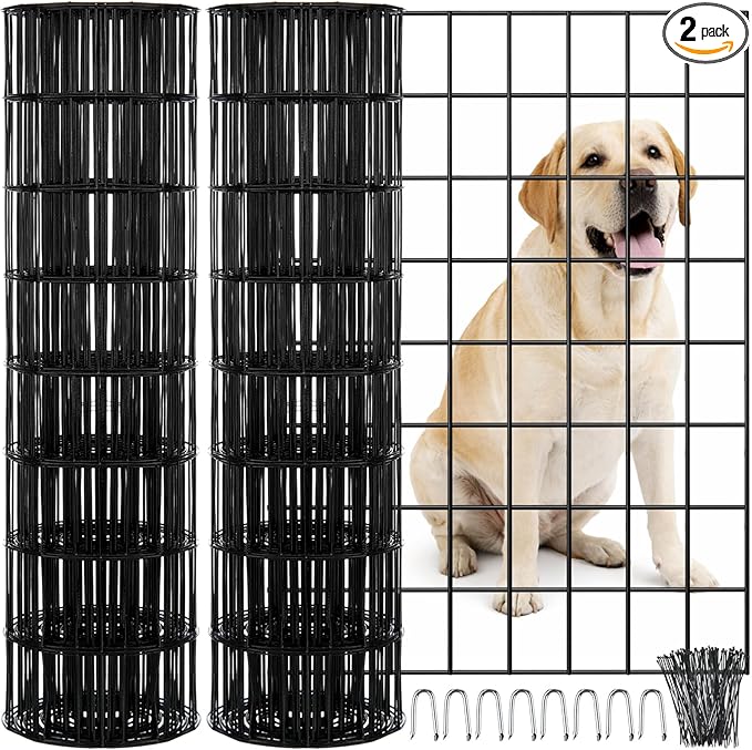 2 Roll Black PVC Coated Welded Wire Fence Garden Animal Fencing Outdoor Wire Mesh for Yard Vegetable Plant Protection Poultry Netting for Chicken, Dog (2 x 25 ft)
