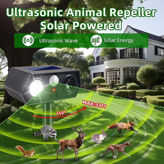 Sonic Racoon Fortress Pro IP65 Solar Ultrasonic Animal Repellent Outdoor Deer Repellent Devices Cat Deterrent Deer Alarms for Gardens with Motion Sensor&Light Rabbit Squirrel Skunk Dog Repeller(4)