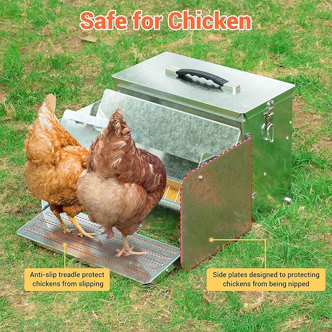 Yescom 26lbs Automatic Treadle Chicken Feeder Portable with Lock Rat Proof Weatherproof Galvanized Steel Trough Poultry Farm Tank 12L for 6-12 Chicken 10 Days