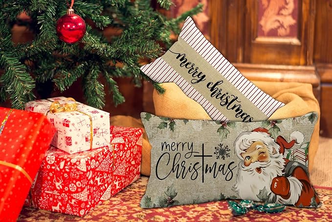 Christmas Pillow Covers 12x20 inch Nostalgic Adorable Santa Claus Decorative Throw Pillow Covers Merry Xmas Winter Retro Farmhouse Decoration for Home Couch