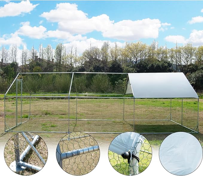 Large Metal Chicken Coop Walk-in Poultry Cage Hen Run House Habitat Spire Shaped Cage with Waterproof and Anti-Ultraviolet Cover for Outdoor Backyard Farm Use (19.68’ L×9.84’ W)