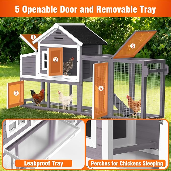 Chicken Coop for Outdoor, Mobile Poultry Cage with Wheels, Nesting Box, Weatherproof Roof and Leakproof Pull-on Tray for 4-6 Chickens, 78.7" L x 21.5" W x 43.7" H (Grey)