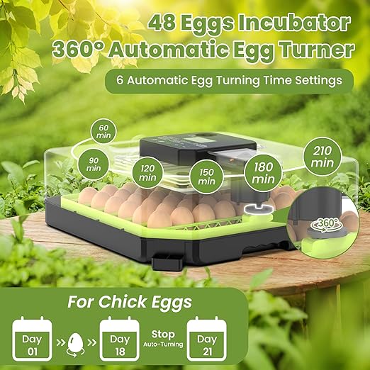 48 Egg Incubator for Hatching Eggs with Automatic Egg Turning, Temperature & Humidity Control, Egg Incubator with 360° View Window and Egg Candler, Incubator for Chicken, Duck, Quail Eggs