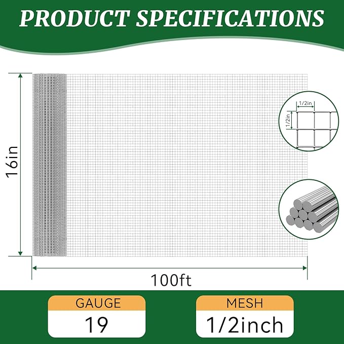 16in x 100ft 19 Gauge Hardware Cloth 1/2 Inch Mesh Roll - Galvanized Chicken Wire Fencing for Garden Fence, Poultry Netting, Gopher Barrier, Animal Cage Screen, Chicken Wire Craft Projects