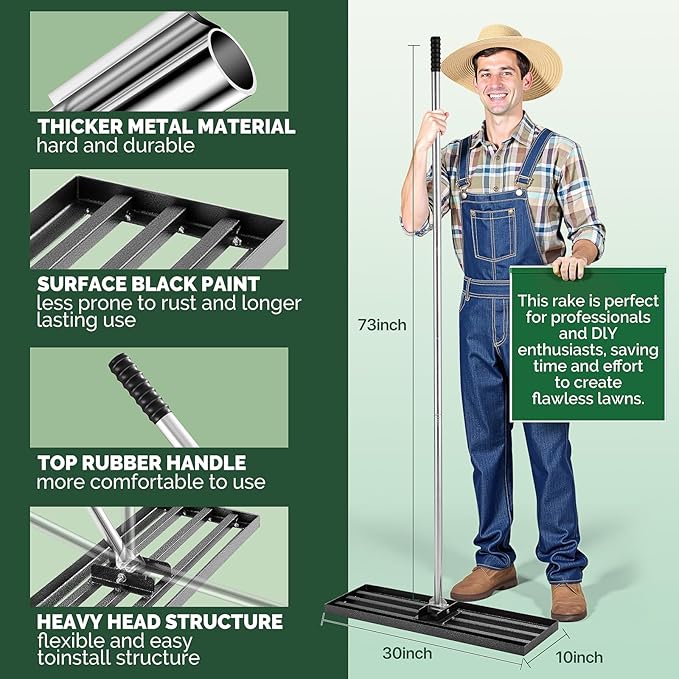 Lawn Leveling Rake Heavy Duty 30x10 Inch, Reinforced Welds, 73" Adjustable Leveler Tool with Stainless Steel Handle for Lawns, Backyard, Garden, Golf Course, Farm, Level Soil or Dirt Ground Surfaces