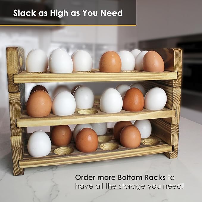 Expandable Stackable Wooden Egg Holder Countertop for 36 Eggs, Rustic Kitchen Decoration, Two-Piece Compact Egg Rack for Counter - Chicken Decor Design - Gui's Chicken Coop (Double Rack)