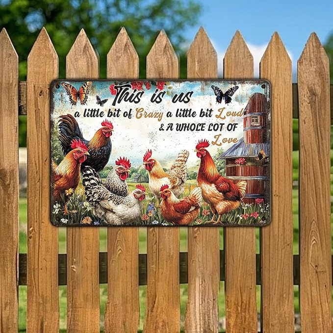 Vintage This Is Us A Little Bit Of Crazy A Little Bit Loud Chicken Metal Sign Chicken Coop Poster Wall Decor Home Garden Outdoor Farmhouse Plaque 12x16 Inch