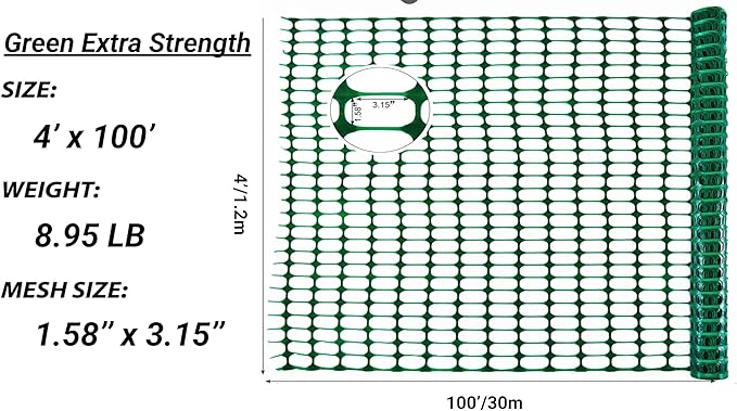 PotatoLife Plastic Mesh Fence, Extra Strength 4'x100' Roll with 50 Zip Ties, Resuable Temporary Netting for Garden Fencing, Snow Fencing, Animal Barrier, Poultry, Deer, Dog, Construction, Green