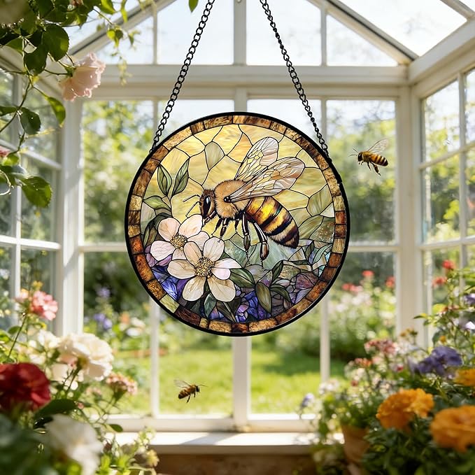 Stained Glass Window Hanging, Vintage Bee Yellow Flower Sun Catcher for Window Door Home Decor Suncatcher Christmas Mother's Day Birthday Gifts for Women Men Mom and Nana 15 in