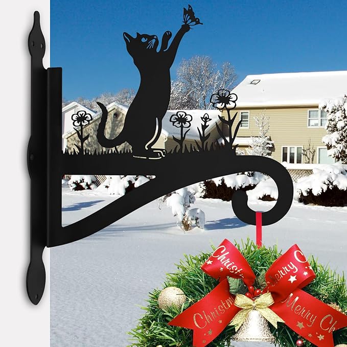 Plant Hangers Outdoor & Indoor, Plant Hooks for Hanging Baskets, Heavy Duty Wall Hanger, Metal Wall Mount Holder for Flower Basket, Bird Feeder, Lantern, Wind Chimes-Patio, Garden, Home Decor (Cat)
