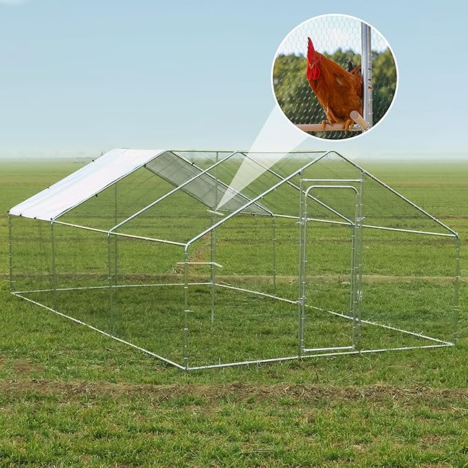 Chicken Coop Large Metal Chicken Run with Chicken Perch, Outdoor Dog Kennel with Roof Waterproof Anti-UV Cover Secure Lock for Outside Backyard Farm (19.7' L x 9.8' W x 6.72' H)