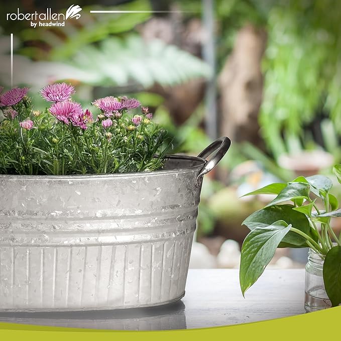 Headwind Decorative Planter - Oval Galvanized Tubs Planter with Handles – 24 Inch Lightweight Steel Indoor Oval Plant Pot with Drainage Holes – Large Galvanized Tub Flower Bucket – Outdoor Planter