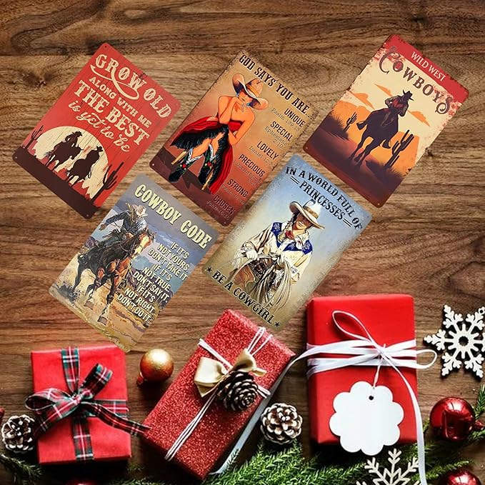 5pcs Vintage Western Cowboy Tin Sign - Retro Metal Wall Art Decor for Garage, Man Cave, Bar, or Home - 8x12 Inch - Perfect for Western Theme, Rustic Decor, and Gift Ideas