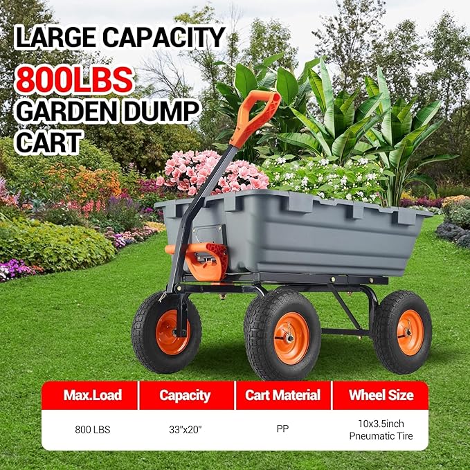 Garden Dump Cart 900 LB Heavy Duty,10" Pneumatic Tires & 180° Adjustable Handle with Quick Release, Utility Yard Wagon for Farm and Outdoor Use