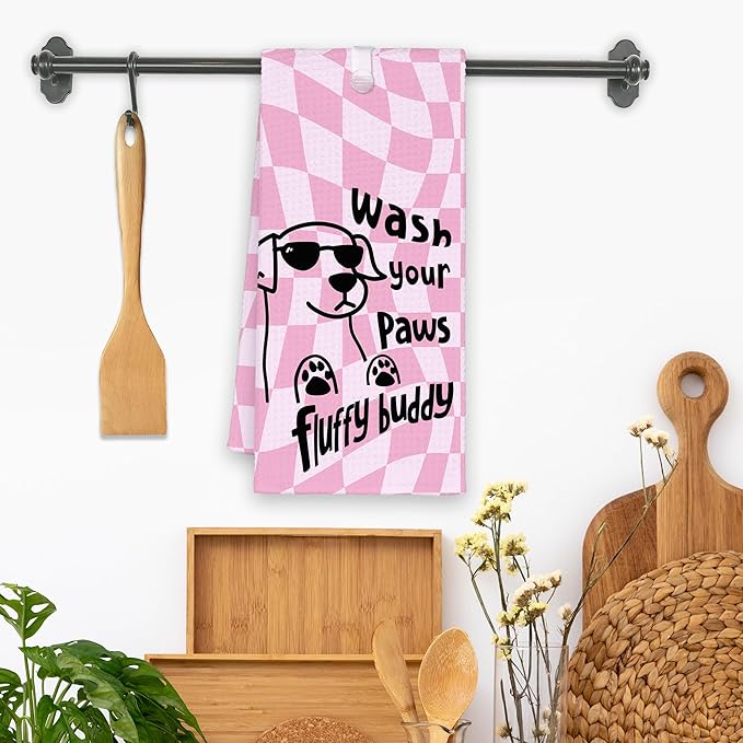 Pink Funny Dog Bathroom Kitchen Towels, Wash Your Paws Hand Towel for Girly Room, Cute Puppy Gifts for Dog Lovers, Trendy Preppy Checkered Dish Towels Decor for Dorm 16x24in