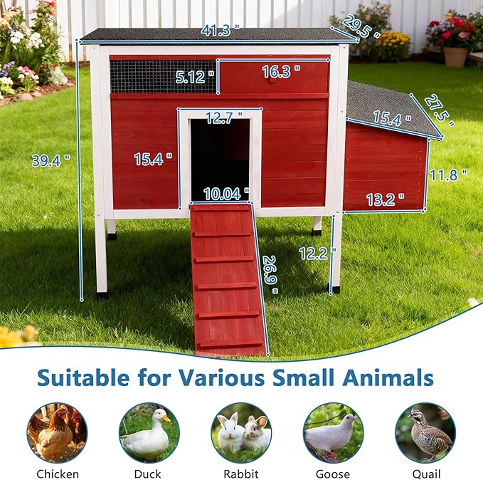 Chicken Coop Hen House Wooden Insulated Poultry Cage Rabbit Hutch with Nesting Box Asphalt Roof Pull-Out Metal Tray Elevated Legs Removable PVC Layer