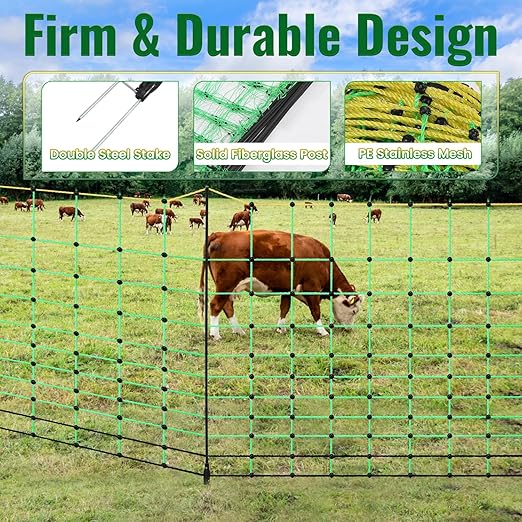 42.5" H x 164' L Electric Fence Netting, Electric Fencing for Sheep, Hogs, Cattle, PE Net Fencing Kit with 16 Posts Double Spiked, Movable Livestock Nets for Backyards, Homesteaders, Farms Ranches
