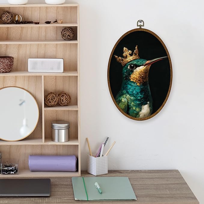 WULQYING Vintage Hummingbird Wall Art Decor, Moody Dark Academia Bird Oval Framed Canvas Art Prints, Emerald Green Bird Lover Gift Wall Hanging Decor for Home Bedroom Living Room, 8.6x11.4 Inches