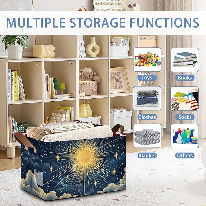 Sun Stars Storage Basket with Handles,Collapsible Rectangle Organizer Bin for Room Decoration Books Box Baskets 17x11.5x10Inch