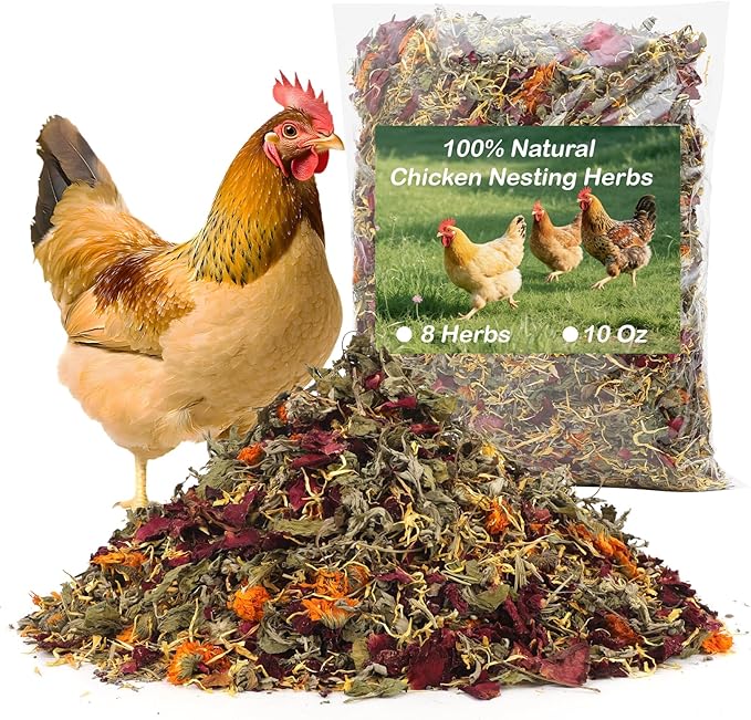 10 Oz Chicken Nesting Herbs, 8 Dried Flowers & Herb Supplement for Chickens Coop, Natural Freshener to Improve Egg Production, Feather Quality & Hen Wellness for Laying Hens