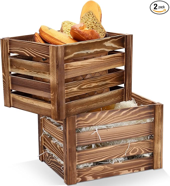 Ripeng 2 Pack Wooden Large Crates Storage Crate Decorative Wood Crates Wooden Storage Container with Handles for Display Decor 15.75 x 11.8 x 10.24 inches