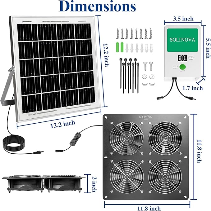 Solar Exhaust Fan, 25W Solar Powered 4-Fan with 7500mAh Battery, 4Pcs IP68 Waterproof Solar Fan, High Speed Solar Powered Exhaust Fan Kit with Bracket for Shed, Chicken Coop, Greenhouse, Dog House