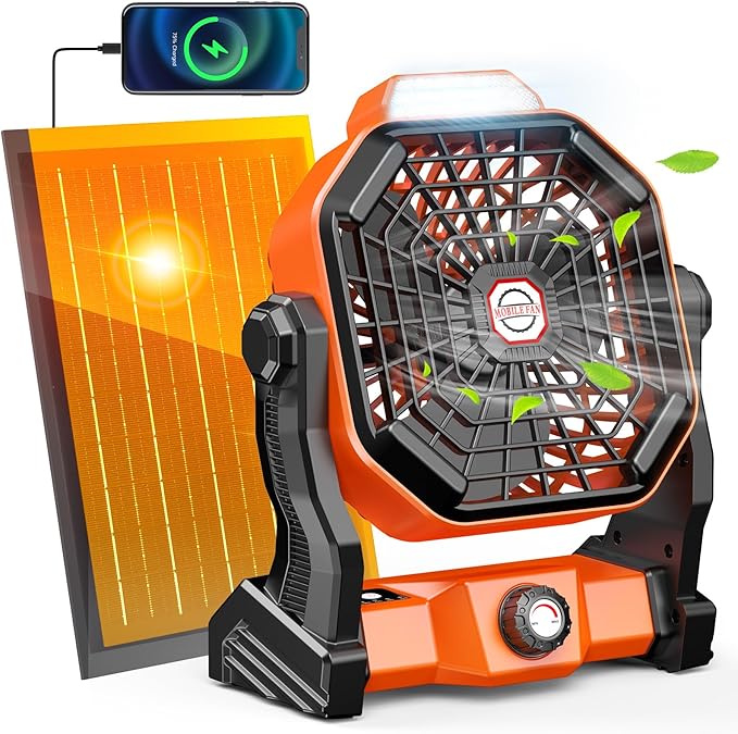 Rechargeable Solar Powered Fan, [Max 40H Runtime] Solar Camping Fans & Led Lantern,8-inch Portable Fan with Solar Panel,Battery Operated Powered Outdoor Tent Fans for Camping Essentials Accessories