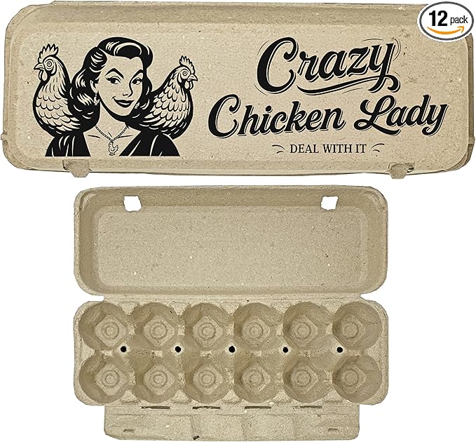 Funny Retro Egg Carton – “Crazy About Chickens” Vintage Humor Design, Holds 12 Eggs, Eco-Friendly Molded Fiber Dozen Carton for Farm Stands & Backyard Chickens - 12 Pack