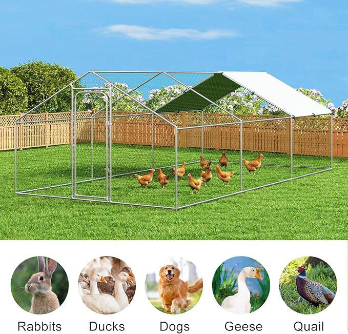 Large Metal Chicken Coop Walk-in Poultry Cage with Waterproof and UV-Resistant Cover, Outdoor Chicken Run Poultry Spire Roof Hen House for Backyard Farm Use, Spire Roof(10’ W x 19.7’ L x 6.4’ H)