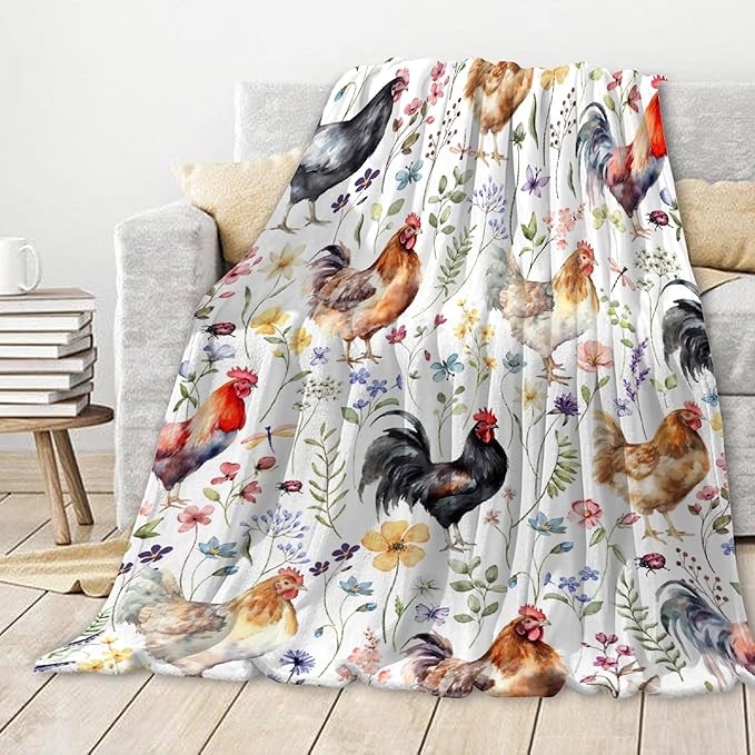 Floral Chickens Blanket | Chickens Decor for Men Women | Plush Cozy Warm Farm Chickens for Couch Bed Living Room | Farmhouse Decor Gifts for Chickens Lovers | 60"x80" for Adults