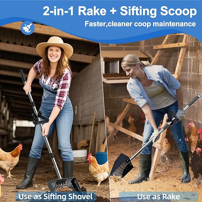 DEMARRE Chicken Poop Scooper & Rake 2-in-1, Metal Chicken Scoop with 35 to 65" Adjustable Stainless Steel Handle, Litter Scooper Sand Sifting Shovel Chicken Coops/Animals House