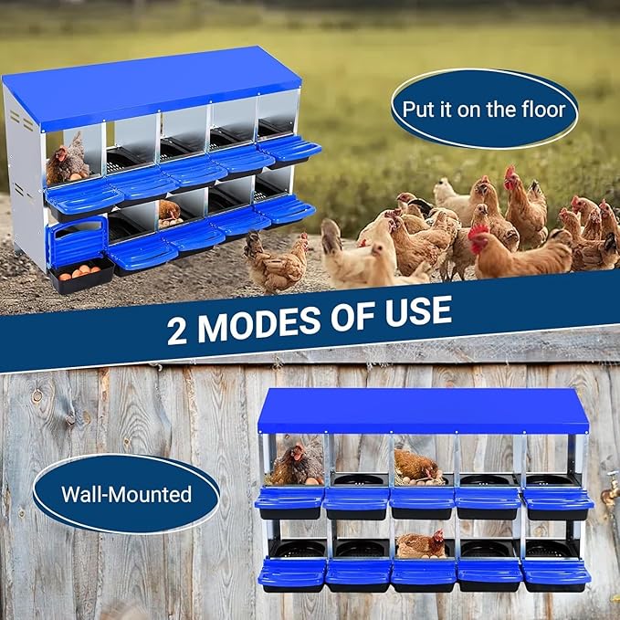 Chicken Nesting Box,10 Hole 2 Layer Hen Nest Boxes, Roll-Away Egg Collection System with Ventilation Holes，Rustproof Plastic Tray & Keyhole Mounting, Chicken Laying Box