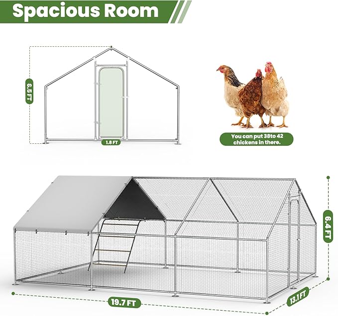 Large Metal Chicken Coop Run with Roosting Perch, Outdoor Waterproof & UV-Resistant Cover for Chickens, Ducks, Rabbits, and Hens in Yard or Farm Use Spire Roof (13.1'Wx19.7'Lx 6.5'H)