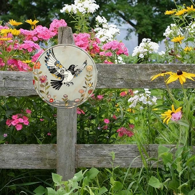 Bird Round Metal Tin Sign Wreath Farm Flowers Rustic Vintage Wall Art Decor for Garden Porch Yard Farmhouse Outdoor Decor 12x12inch