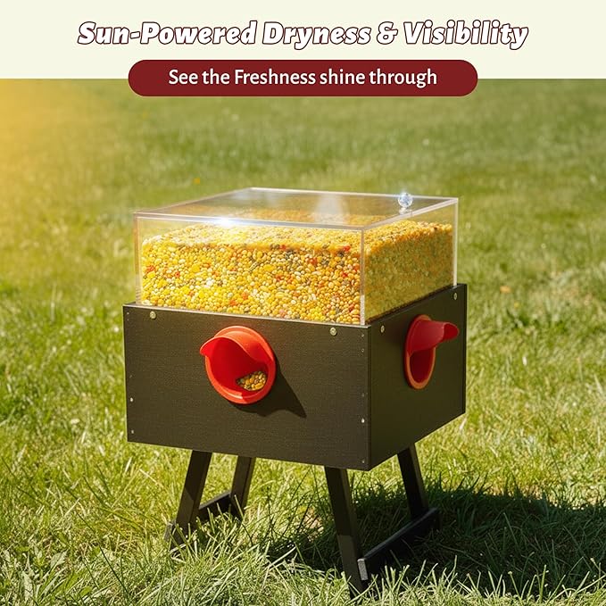 KOL No-Waste Chicken Feeder, 17LB Poultry Feeder with 4 Anti-Spill Ports, Clear-View HIPS & Acrylic Design, Foldable Stand for Hens and Chicks – Automatic Gravity-Flow Feeder