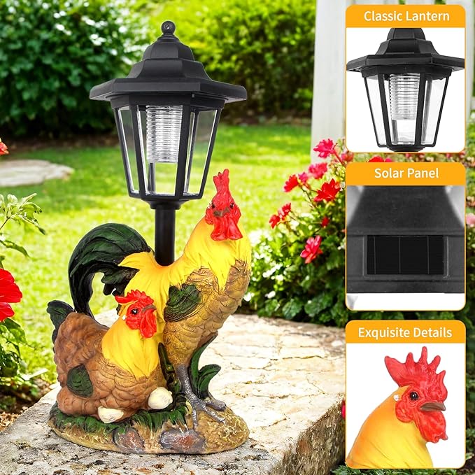 Solar Rooster Decor Outdoor, Chicken Figurines Decorations with Lantern for Outside Patio Yard Backyard Gifts for Mother's Day Birthday Housewarming