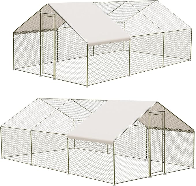 Large Walk-in Chicken Coop with Run, 9.8' x 19.7' Outdoor Chicken Runs for Yard with Cover, Metal Poultry Cage for Chickens, Ducks, Birds