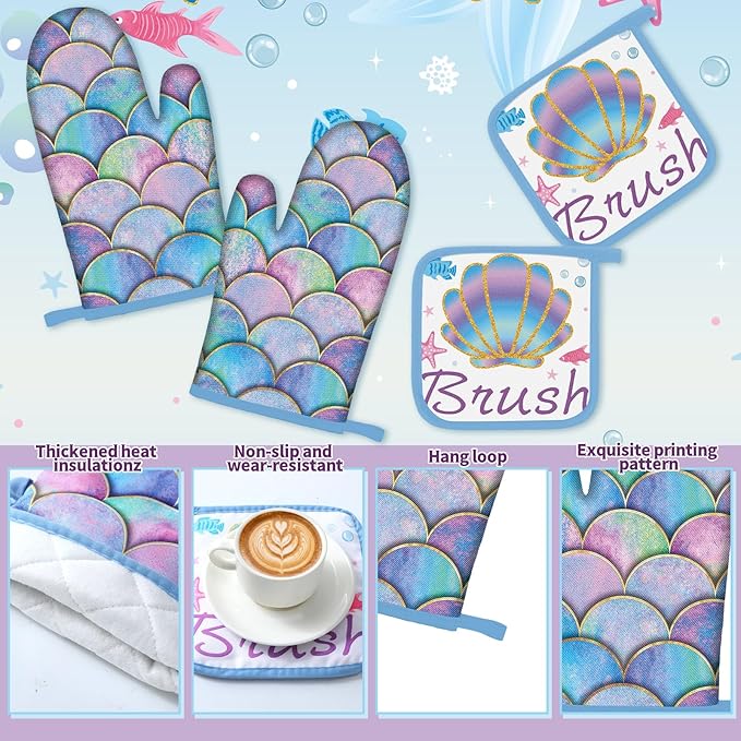 10 Pcs Mermaid Kitchen Dish Towels Rugs Oven Mitts and Pot Holders Set Farmhouse Kitchen Decor Set for Women Mom Daughter Gift Cooking Baking Grilling