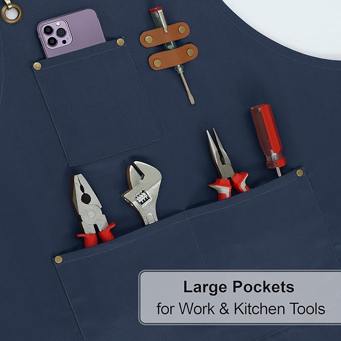 RUVANTI Work Apron for Men, Oil & Water Repellent, Poly Cotton Cross Back Aprons for Women with Pockets, Adjustable up to XXL