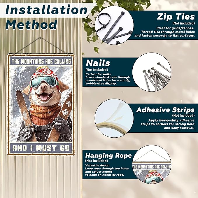 Funny Ski Decor Metal Sign Bulldog Skiing The Mountains Are Calling And I Must Go Skiing Metal Poster Home Kitchen Cafe Aluminium Sign Art Wall Decor 12x8 Inch