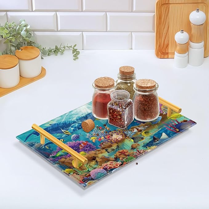 Bathroom Vanity Tray Counter Organizer, Vibrant Underwater Ecosystem Decorative Tray with Handles Countertop Storage for Bathroom Bedroom Kitchen Home Farmhouse