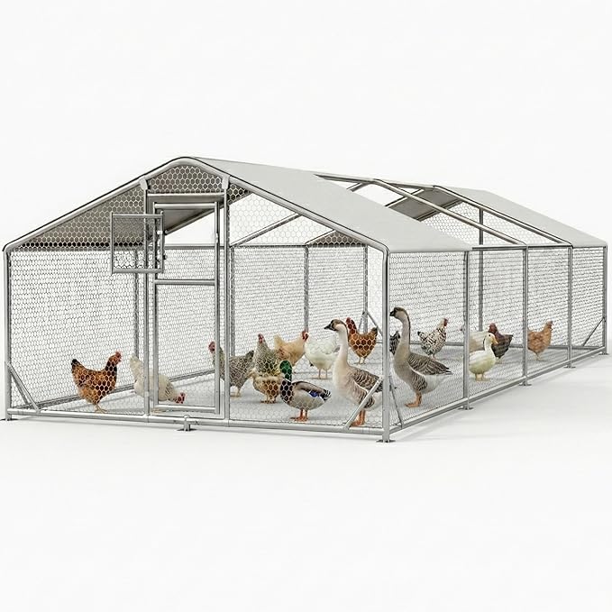 10x26FT Large Metal Chicken Coop, Dutch Door Chicken Run with Waterproof Cover and Hardware Cloth, Walk in Chicken Coop for Hen House, Duck Coop and Rabbit Run