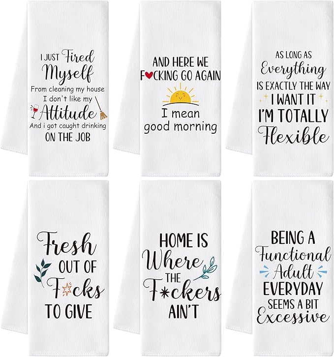 GROBRO7 Funny Sayings Hand Towel - 6Pcs Humor Sarcastic Word Towel Bathroom Decorative Gifts for Adult Men Woman, Soft Polyester Dish Towels for Kitchen Bath Bar Dining Room Decor White