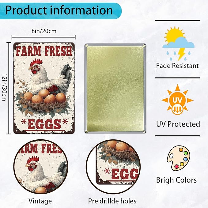Funny Chicken Signs Farm Fresh Eggs Metal Sign Home Farm Art Wall Decor 12x8 Inch Vintage Chicken Coop Kitchen Garden Backyard Patio