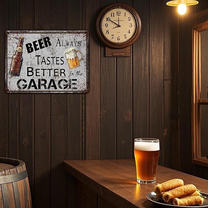 Bar Metal Sign Vintage Beer Always Tastes Better in the Garage Tin Sign 12x8 Inch Beer Metal Poster Wall Decor Home Kitchen Garden Bar Pub Restaurant Garage Man Cave